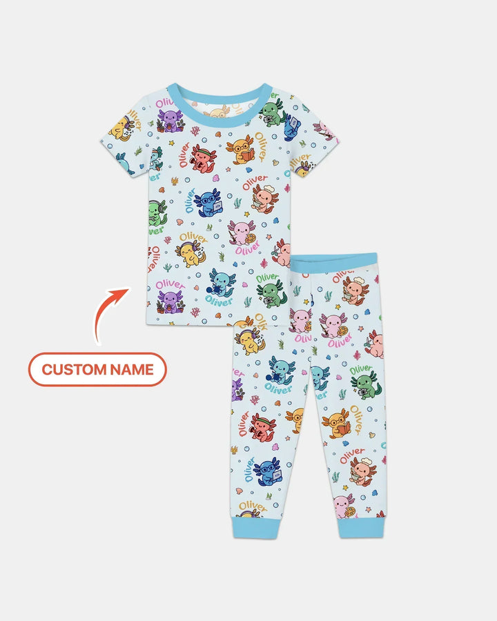 Custom Name Cute Hobby Axolotl Bamboo Two Piece Short Sleeve Pajama Set