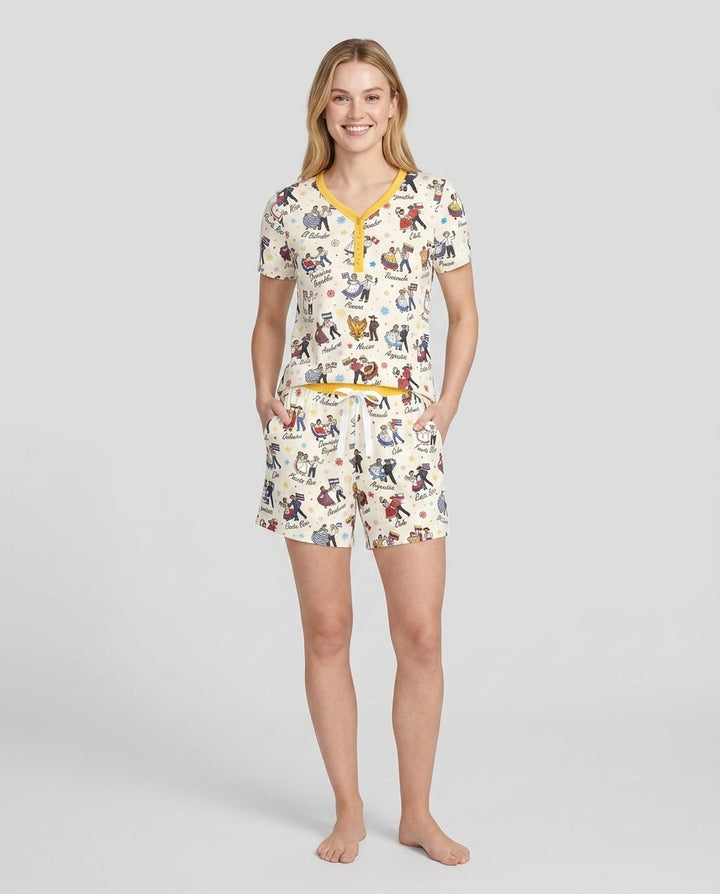 Hispanic Traditional Folkloric Dress Bamboo Women Short Sleeve Short Pajama Set
