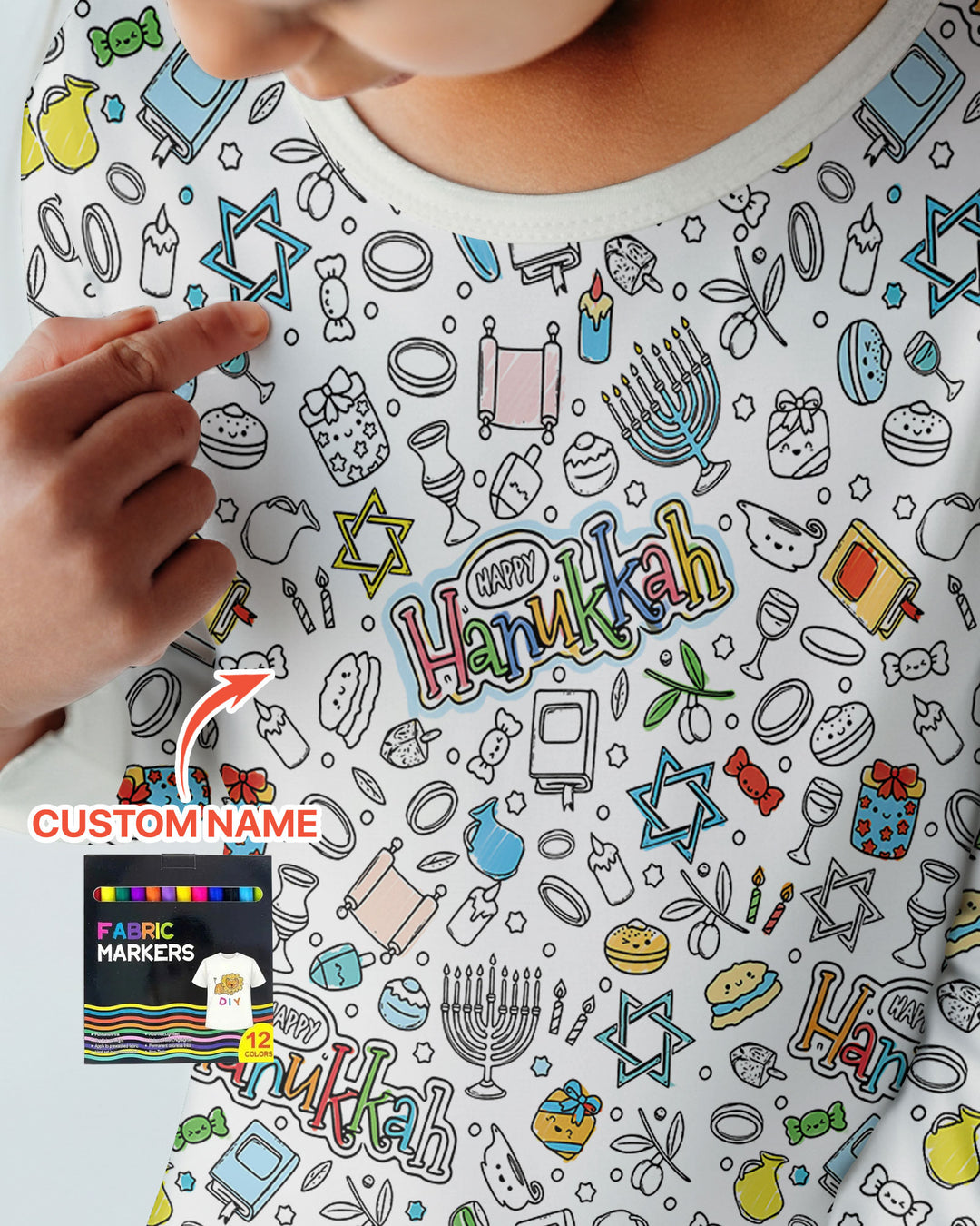 Happy Hanukkah Colorable Bamboo Two Piece Long Sleeve Pajama Set