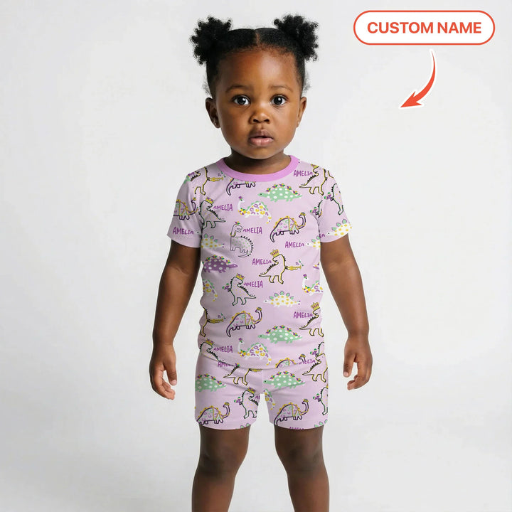 Custom Name Mardi Gras Saurus Bamboo Two Piece Short Sleeve Shorts Pajama Set