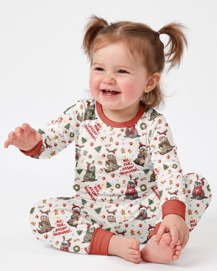 All The Otter Reindeer Bamboo Two Piece Long Sleeve Pajama Set
