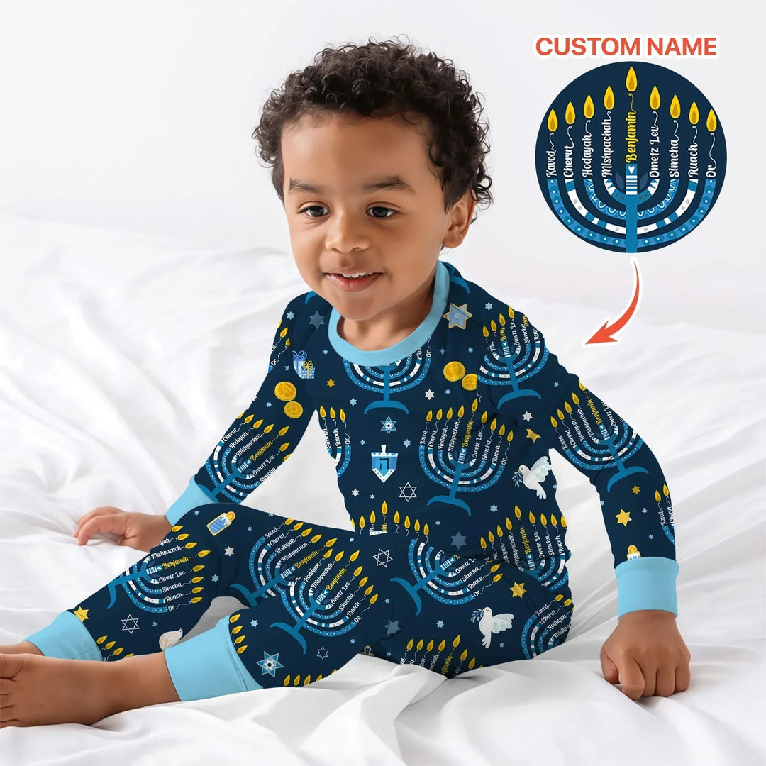 Hanukkah Custom Name Bamboo Two Piece Long Sleeve Pajama Set