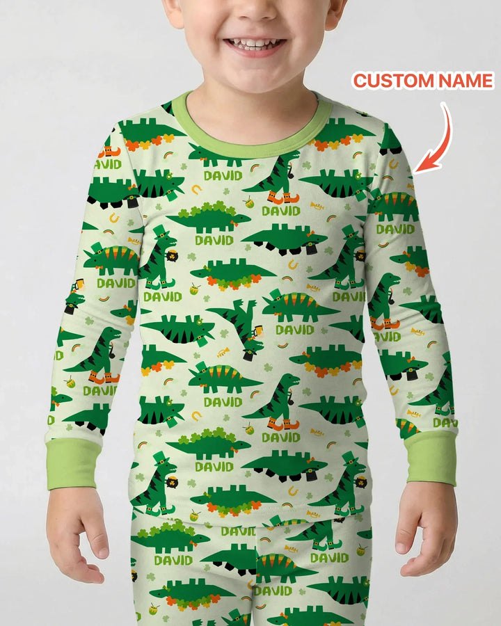 St. Patrick's Day Dinosaurs Custom Bamboo Two Piece Long Sleeve Pajama Set