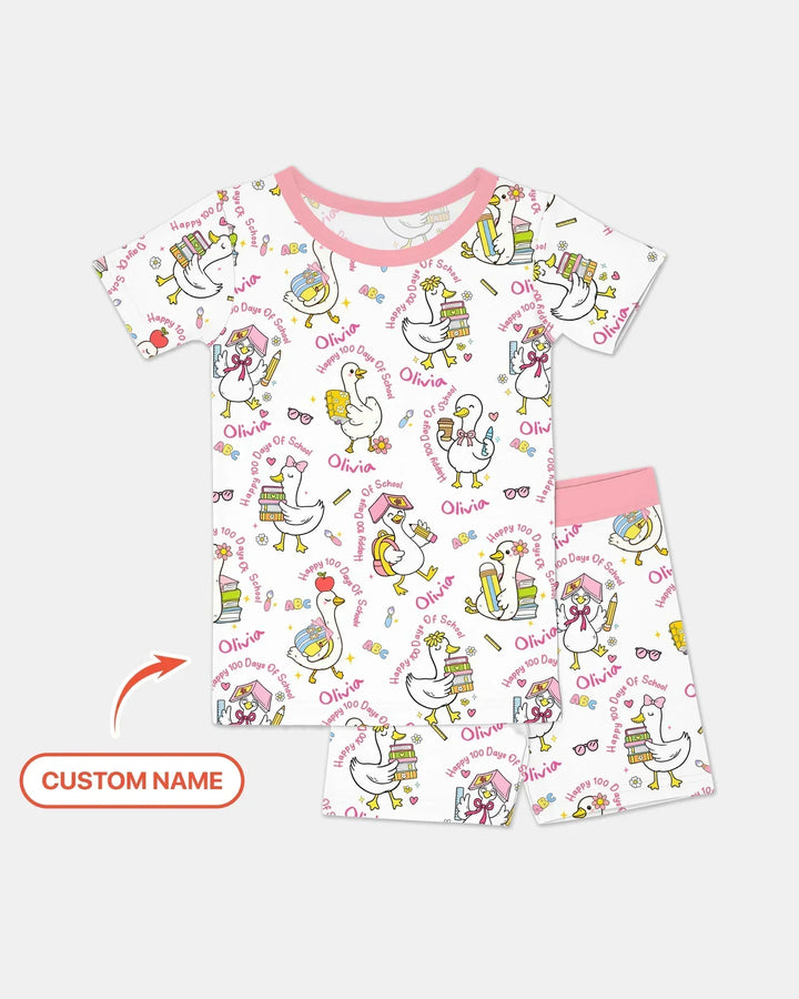 Custom Name Goose Happy 100 Days Of School Bamboo Two Piece Short Sleeve Shorts Pajama Set