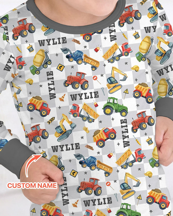Under Construction Custom Name Bamboo Two Piece Long Sleeve Pajama Set