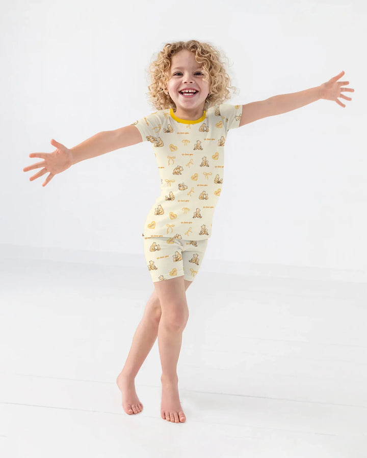 Sweat Yellow Mama Bear Two Piece Short Sleeve Shorts Pajama Set