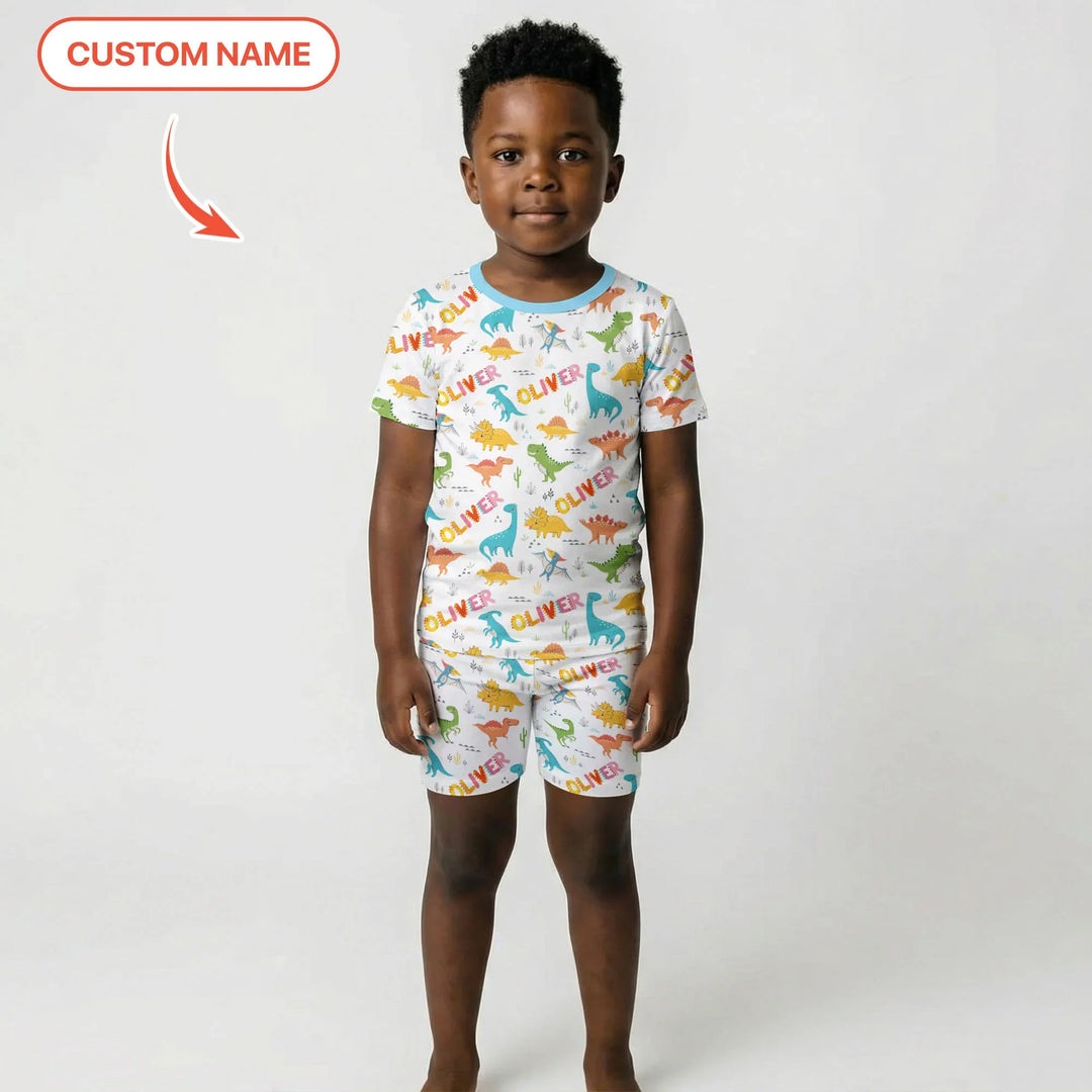 Dino Adventure Custom Name Bamboo Two Piece Short Sleeve Shorts Pajama Set