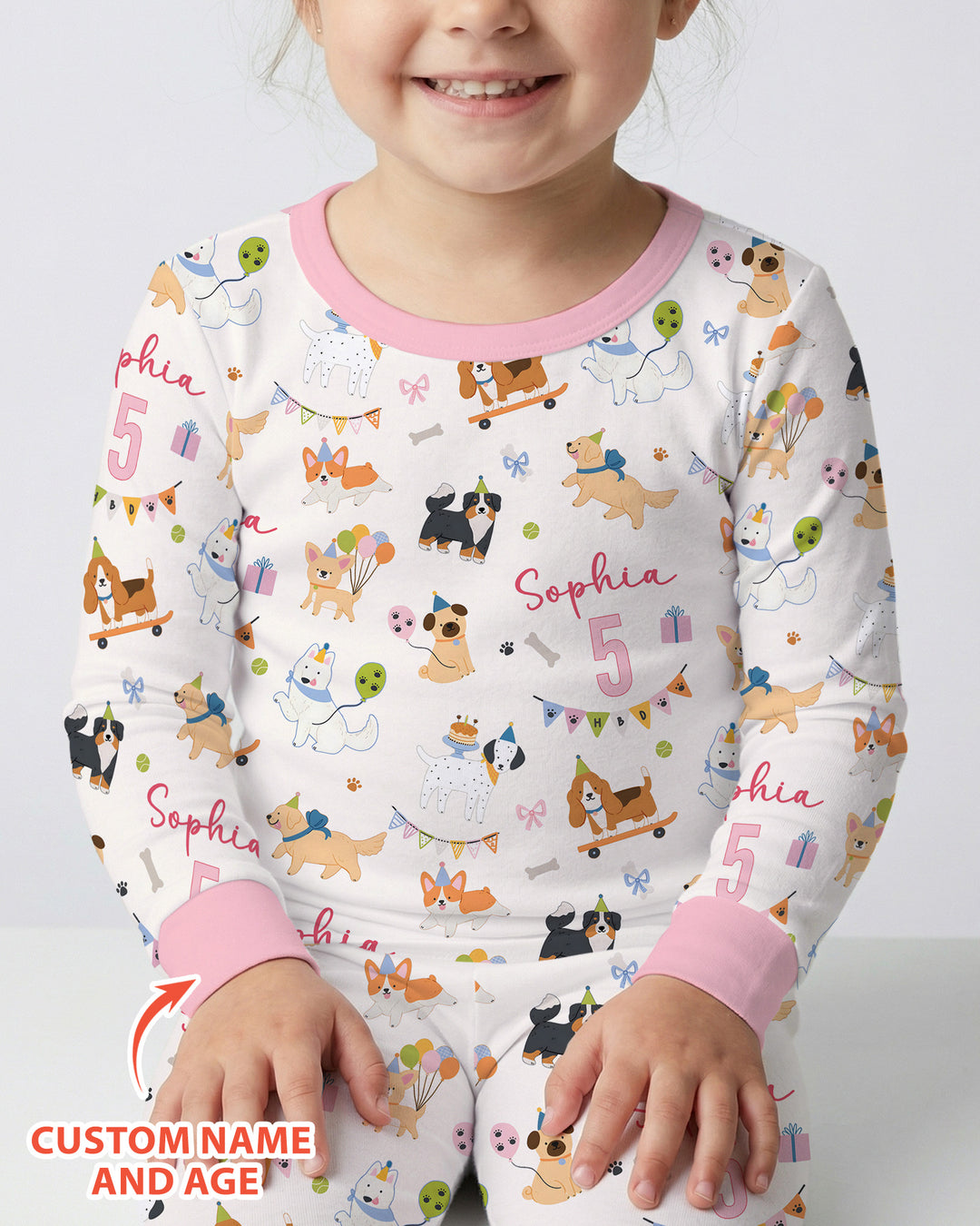 Custom Name Birthday Dogs Party Bamboo Two Piece Long Sleeve Pajama Set