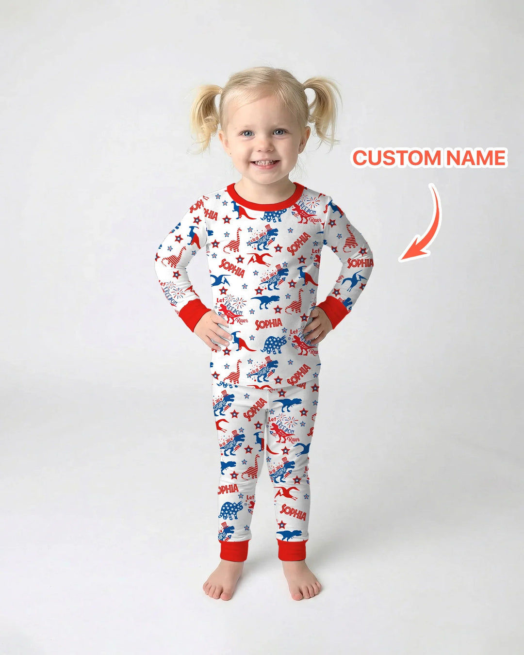 Custom Name Patriotic Dinosaur Bamboo Two Piece Long Sleeve Pajama Set