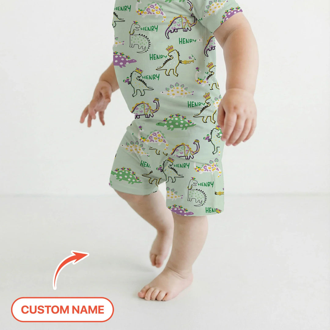 Custom Name Mardi Gras Saurus Bamboo Two Piece Short Sleeve Shorts Pajama Set