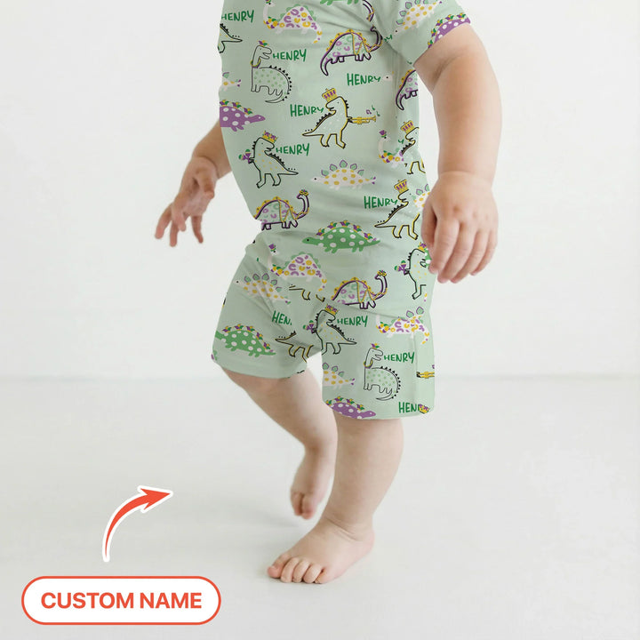 Custom Name Mardi Gras Saurus Bamboo Two Piece Short Sleeve Shorts Pajama Set