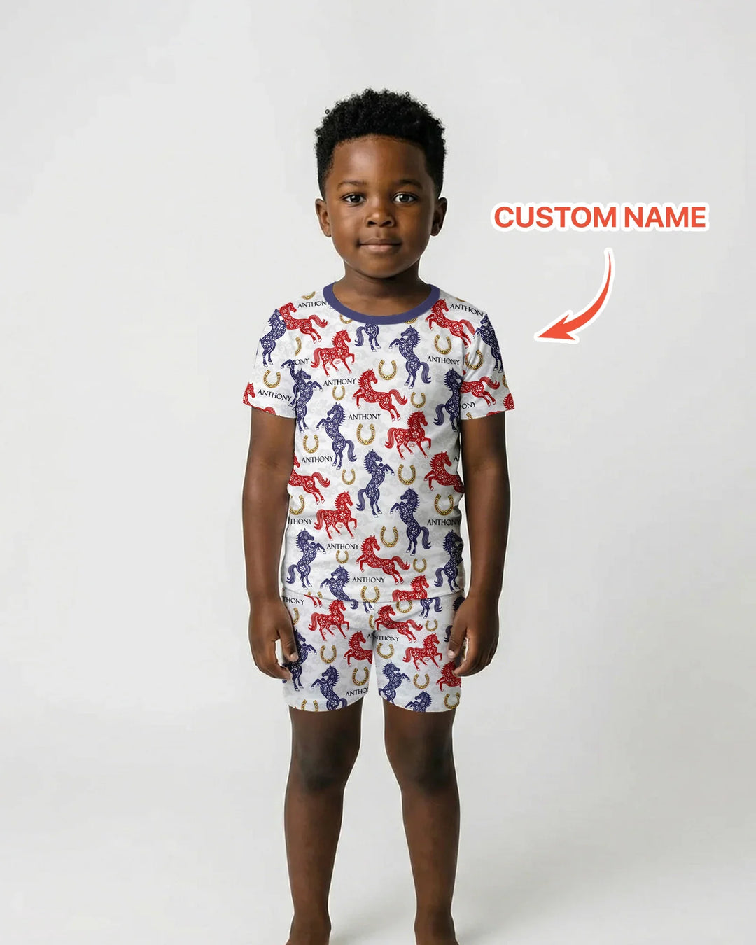 Custom Name Chinoiserie Horses Bamboo Two Piece Short Sleeve Shorts Pajama Set