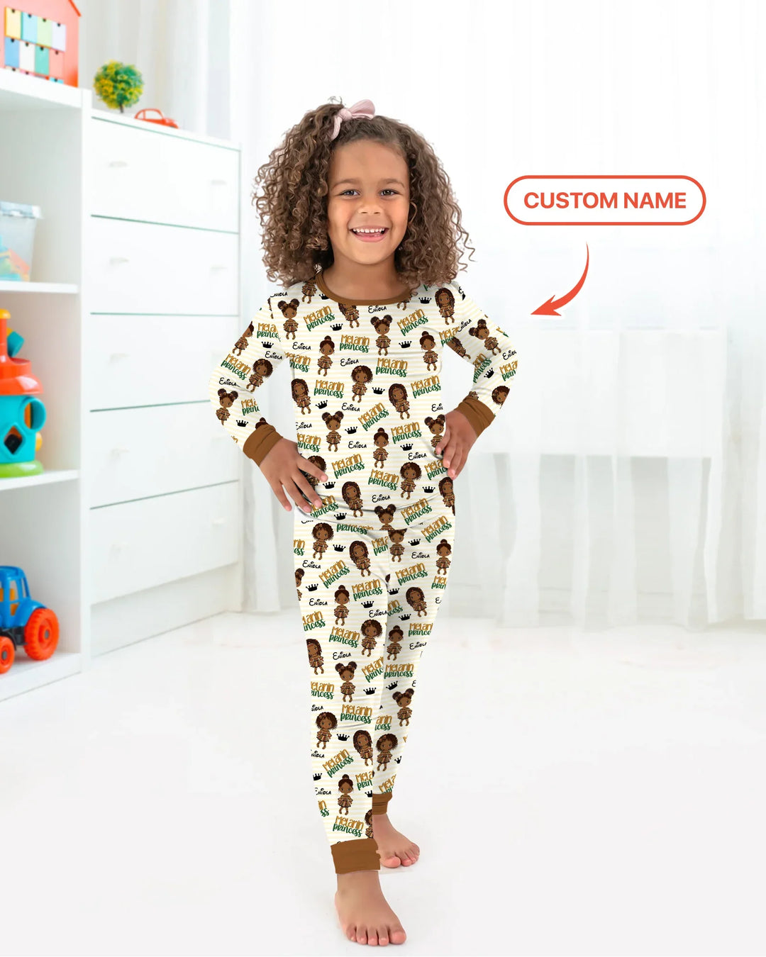 Custom Name Melanin Princess Bamboo Two Piece Long Sleeve Pajama Set