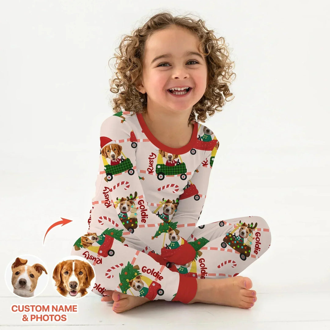 Custom Pet Photo Christmas Tikes Car Bamboo Two Piece Long Sleeve Pajama Set