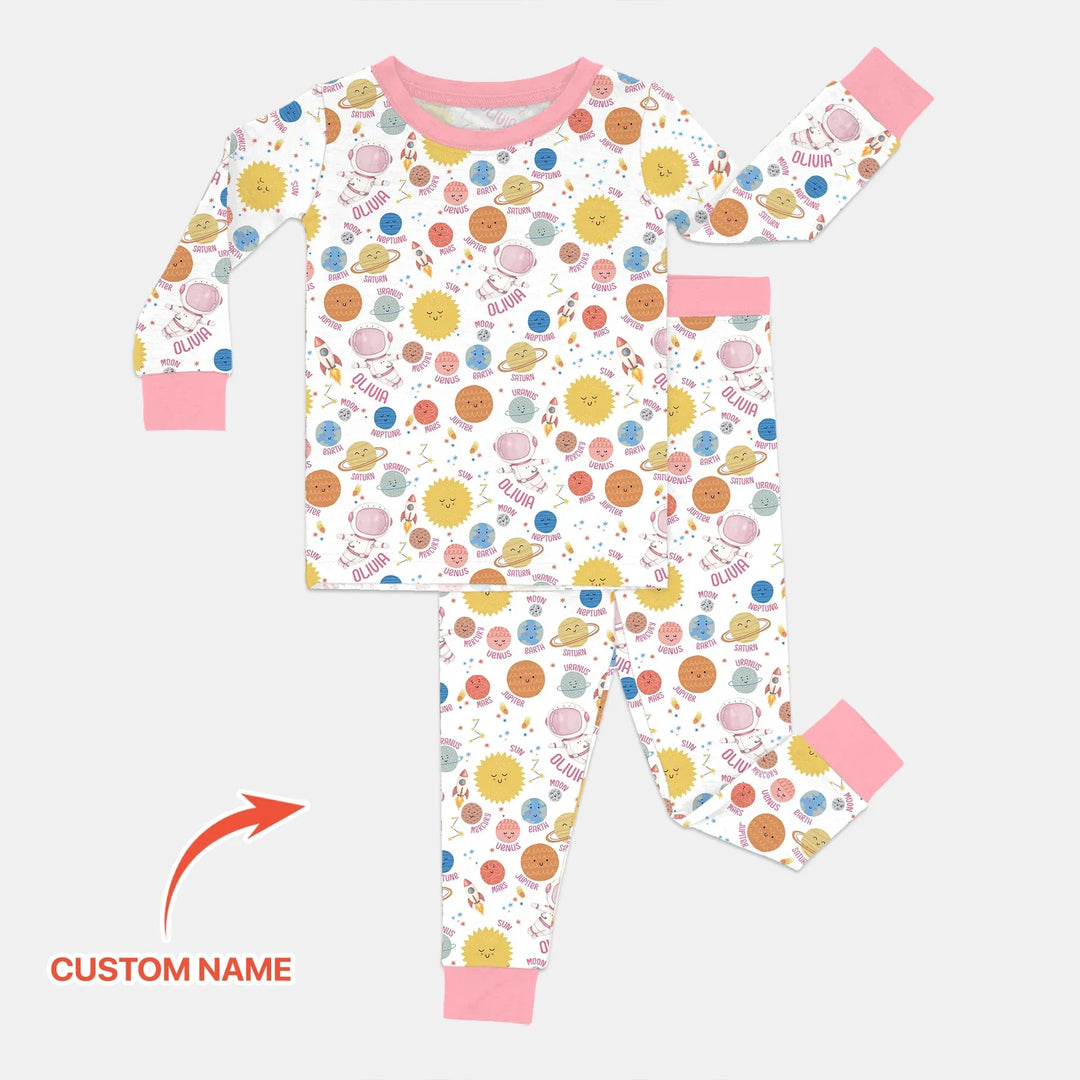 Custom Name Little's Kid into Universer Bamboo Two Piece Long Sleeve Pajama Set