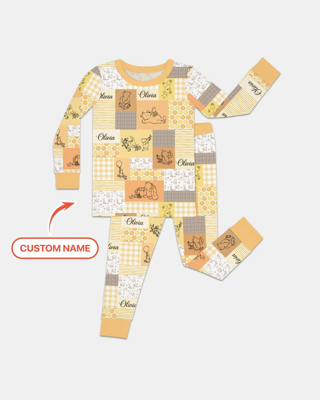 Personalized Classic Bear Patchwork  Bamboo Two Piece Long Sleeve Pajama Set