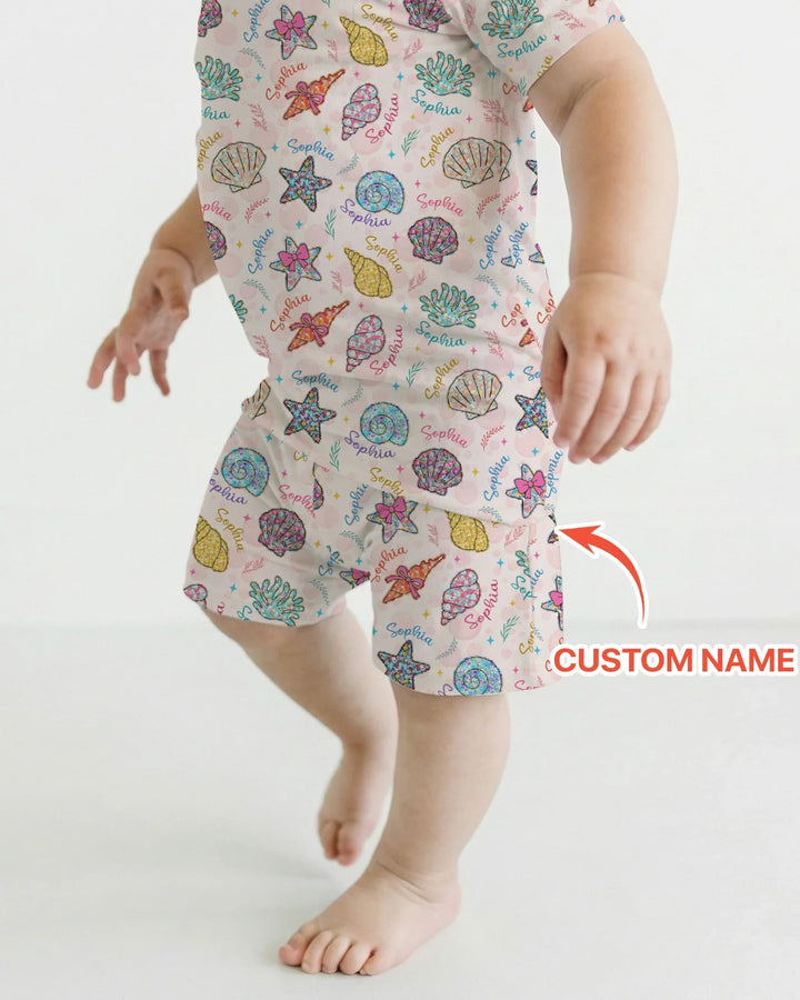 Custom Name Seaside Wildflower Summer Bamboo Two Piece Short Sleeve Shorts Pajama Set