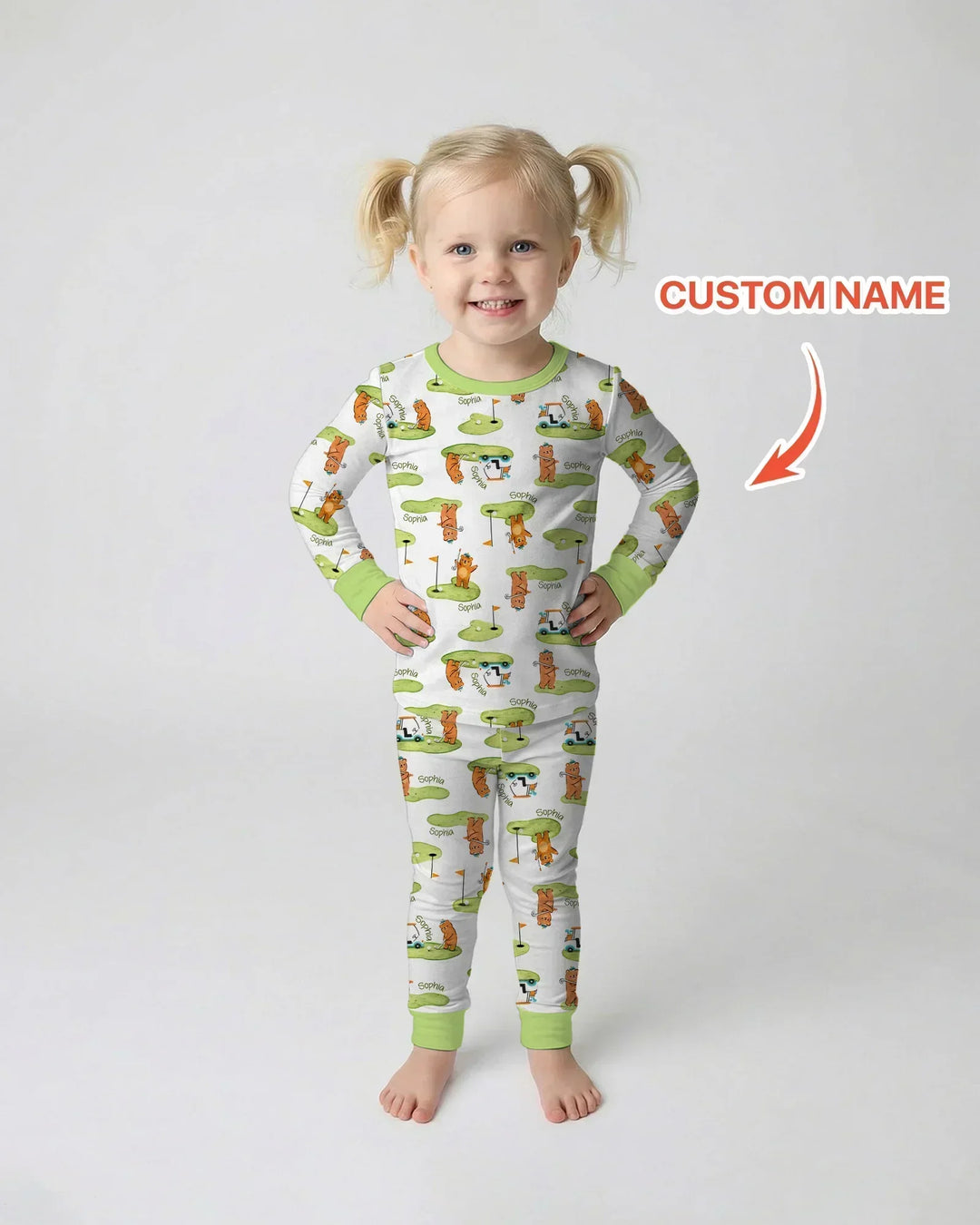 Custom Name Little Bear Golf Club Bamboo Two Piece Long Sleeve Pajama Set