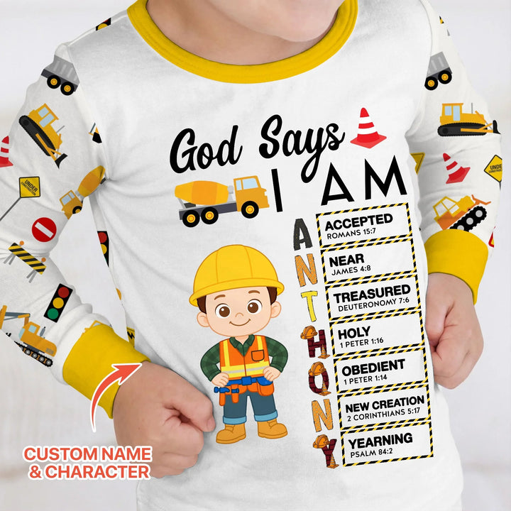 Custom Name God Says I Am Little Builder Letter in Bible Bamboo Two Piece Long Sleeve Pajama Set