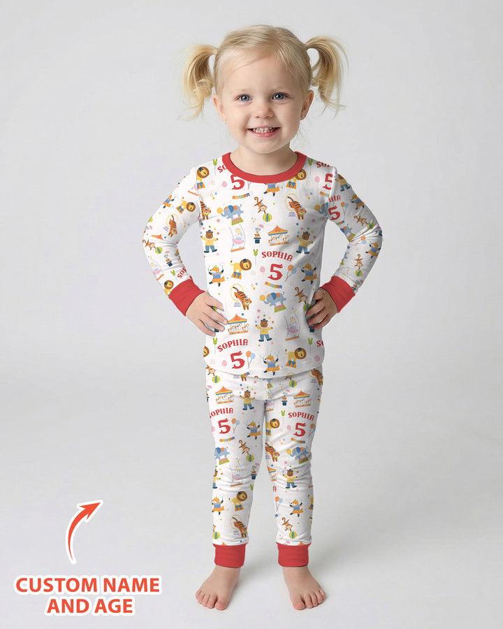 Custom Name Birthday Circus Bamboo Two Piece Long Sleeve Pajama Set