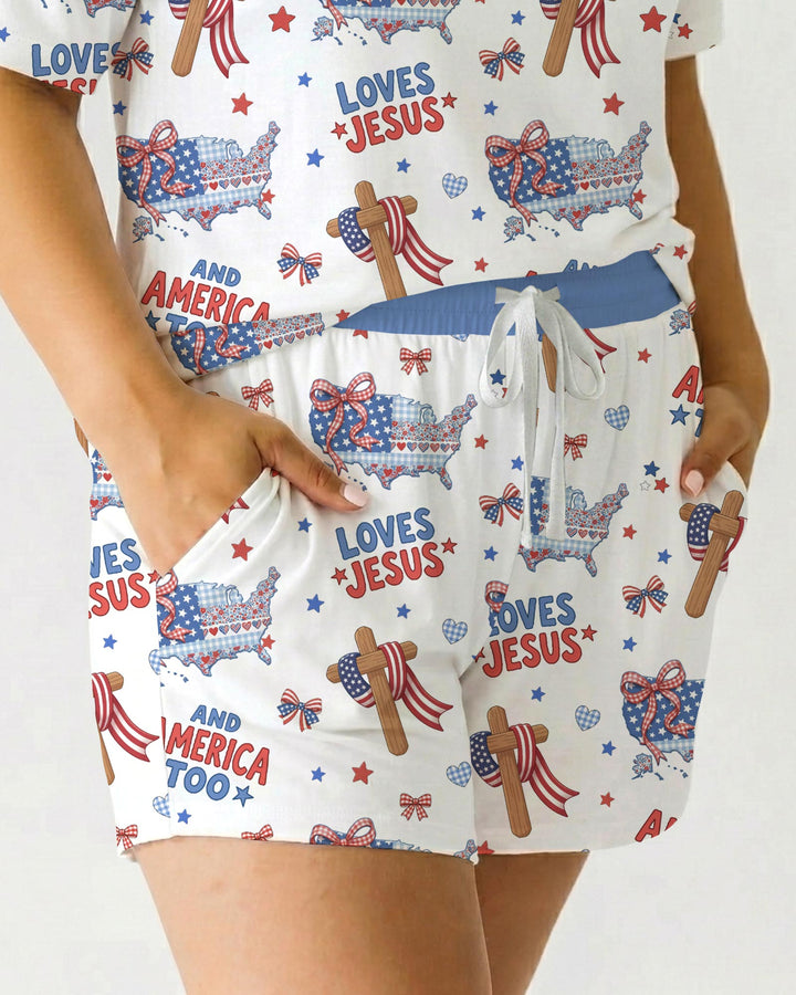 Loves Jesus And America Too Bamboo Women Short Sleeve Short Pajama Set