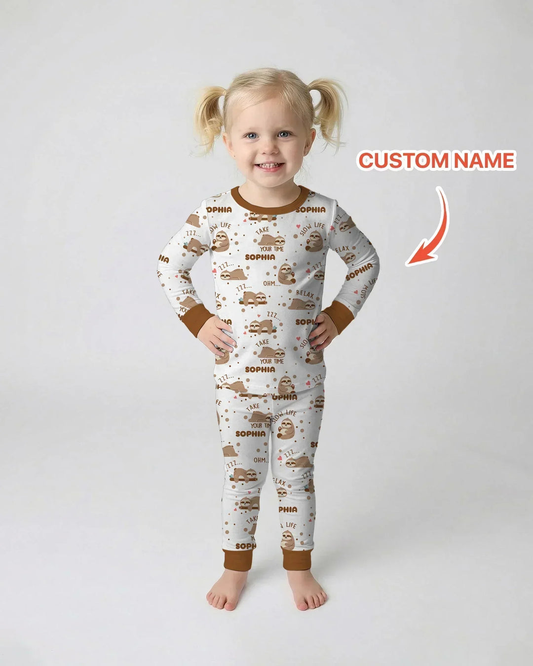 Custom Name Cute Sloth Bamboo Two Piece Long Sleeve Pajama Set