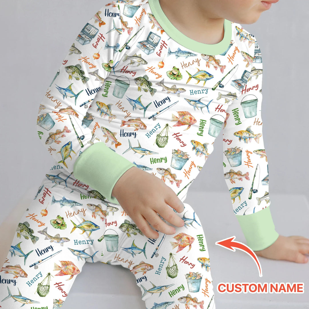 Happy Fishing Adventure Custom Name Bamboo Two Piece Long Sleeve Pajama Set