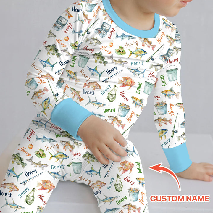 Happy Fishing Adventure Custom Name Bamboo Two Piece Long Sleeve Pajama Set