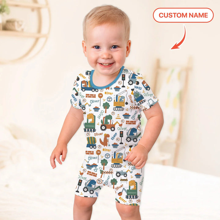 Custom Name Dino Diggers Bamboo Two Piece Short Sleeve Shorts Pajama Set