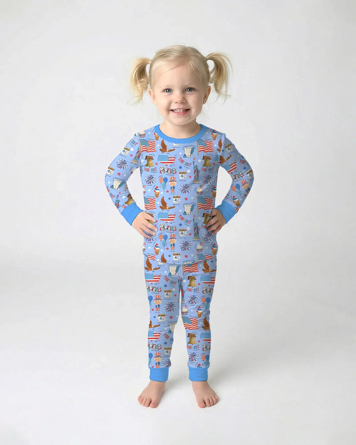Hand Drawn Patriotic Iconic Bamboo Two Piece Long Sleeve Pajama Set