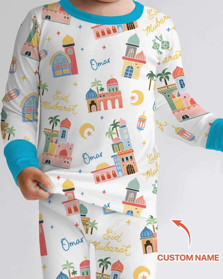 Eid Mubarak Custom Name Bamboo Two Piece Long Sleeve Pajama Set