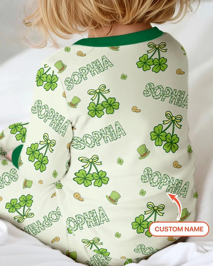 Custom Name Lucky Little Shamrock Bamboo Two Piece Long Sleeve Pajama Set