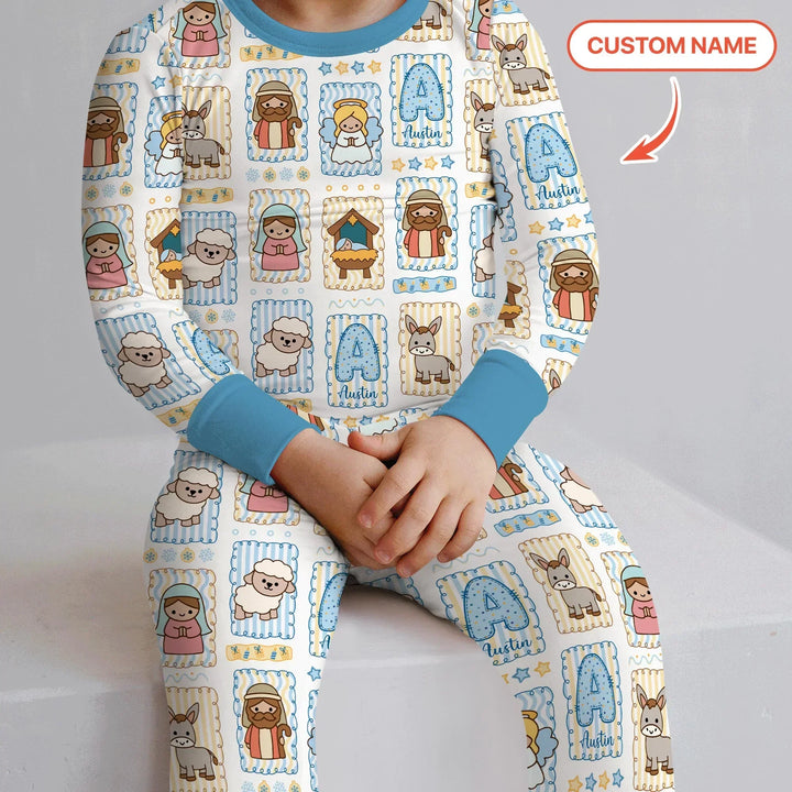 Custom Name Christmas Nativity Bamboo Two Piece Long Sleeve Pajama Set