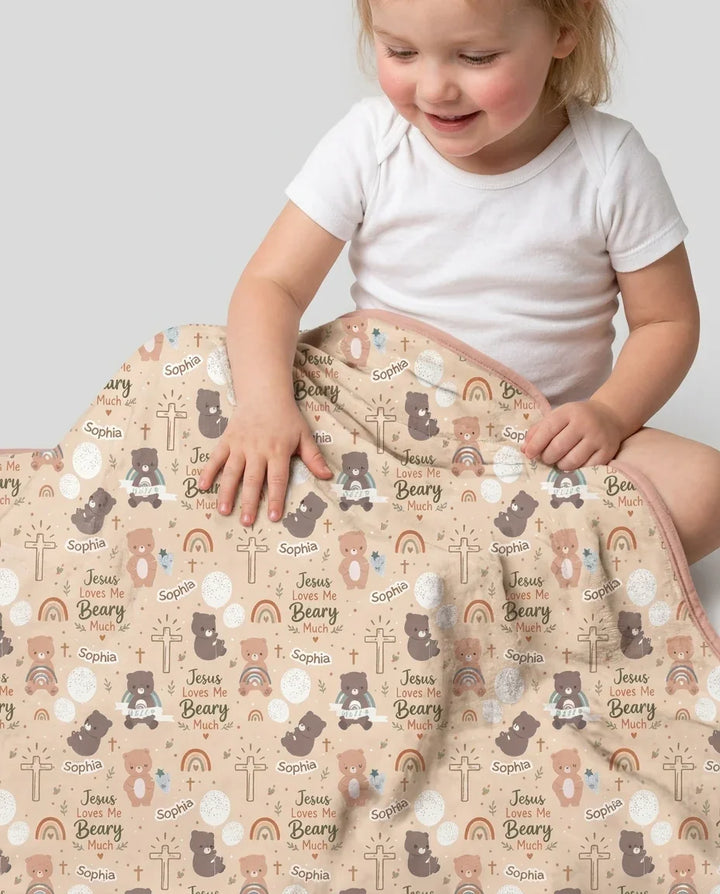 Custom Name Jesus Loves Me Beary Much Bamboo Blanket