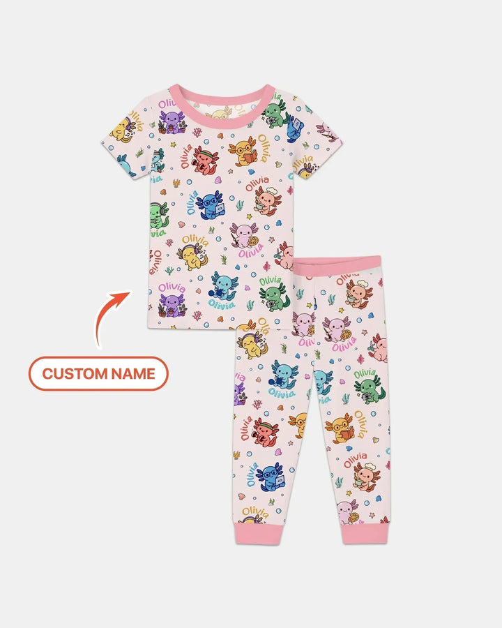 Custom Name Cute Hobby Axolotl Bamboo Two Piece Short Sleeve Pajama Set