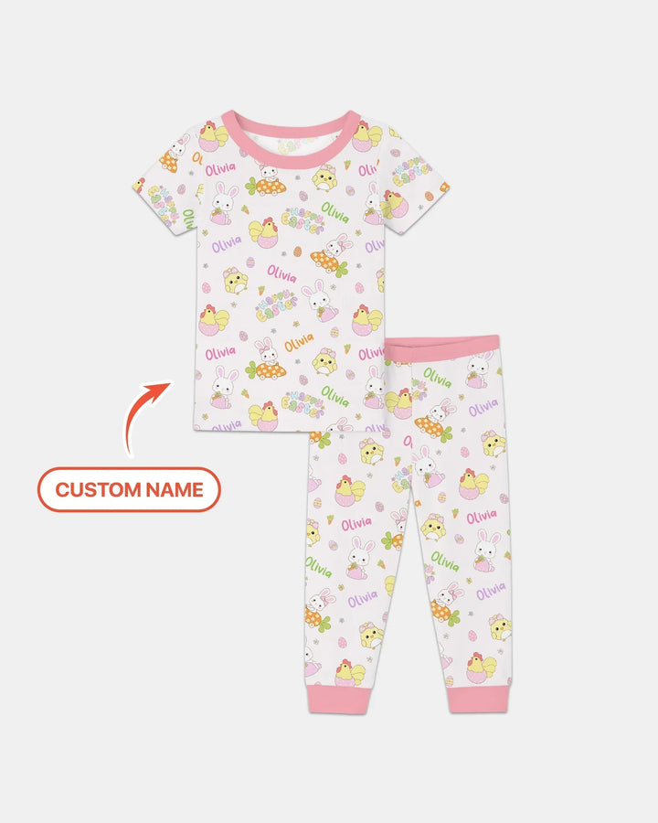 Custom name Happy Easter Bamboo Two Piece Short Sleeve Pajama Set