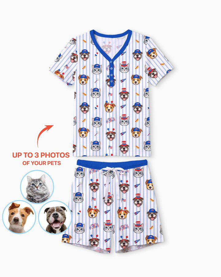 Custom Pet Image 4th of July Family Matching Bamboo Women Short Sleeve Short Pajama