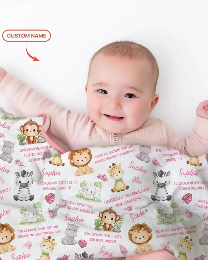 Custom Name Bible Verse Safari Animal Bamboo Blanket