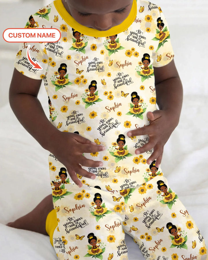 Custom Name Sunflower Queen Bamboo Two Piece Short Sleeve Pajama Set