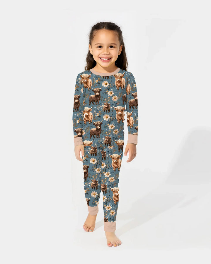 Majestic Highland Cows Family Matching Bamboo Two Piece Long Sleeve Pajama Set