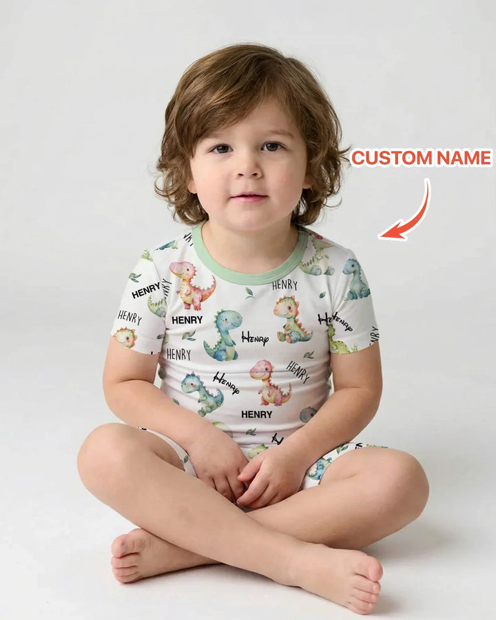 Dinosaur Custom Name Bamboo Two Piece Short Sleeve Shorts Pajama Set