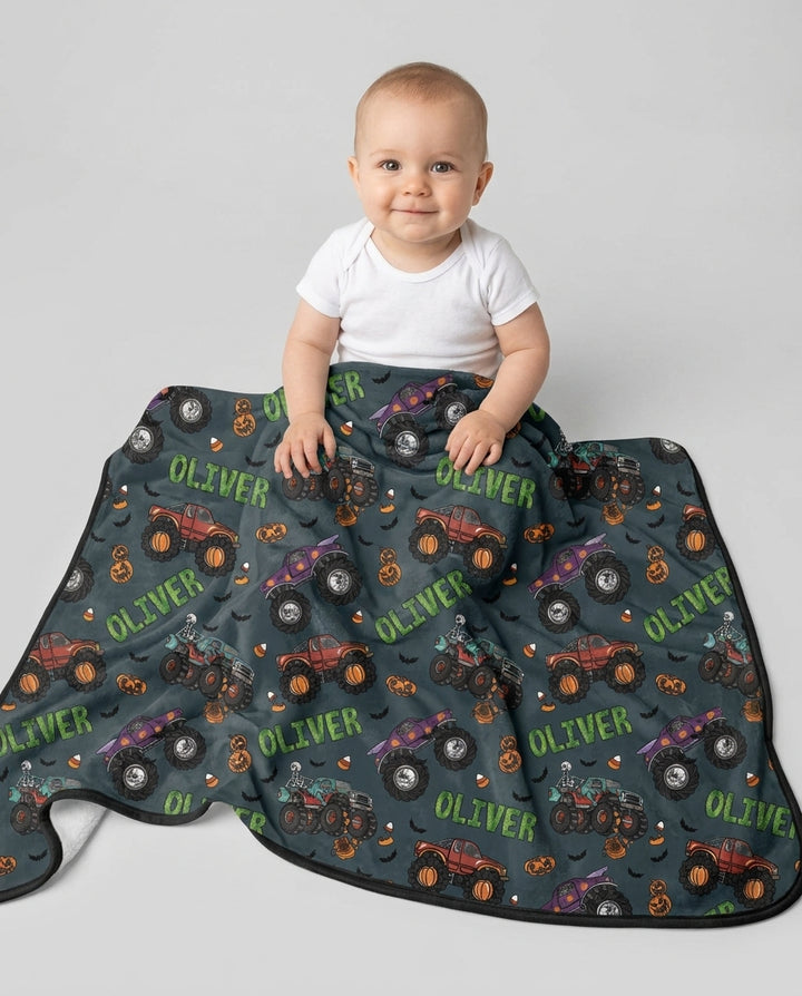 Custom Name Haunted Monster Trucks Bamboo Blanket