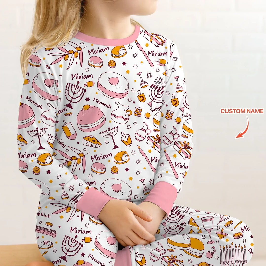 Happy Hanukkah Doodles Custom Name Family Matching Bamboo Two Piece Long Sleeve Pajama Set