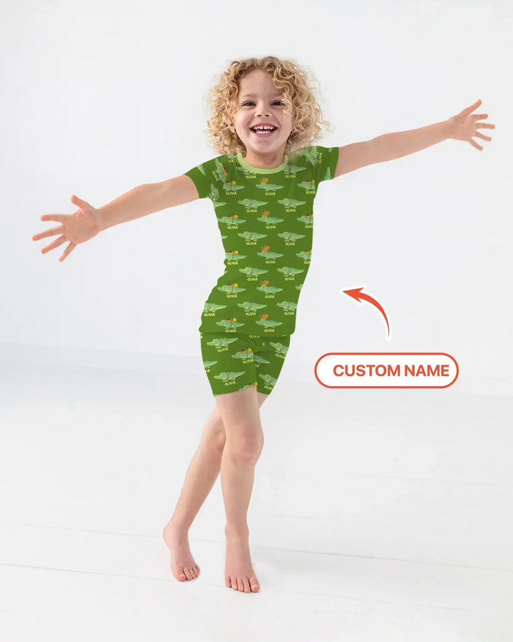 Custom Name Mardi Gras Gator Bamboo Two Piece Short Sleeve Shorts Pajama Set