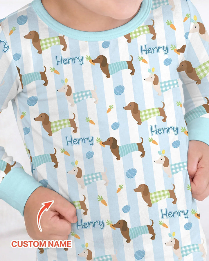 Custom Name Easter Dachshunds Family Matching Bamboo Two Piece Long Sleeve Pajama Set