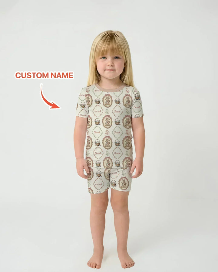 Vintage Bunny Easter Custom Name Mommy & Me Matching Bamboo Two Piece Short Sleeve Pajama Set