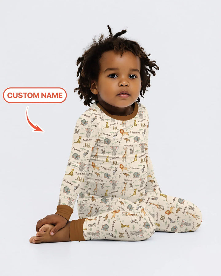 Safari Friends Custom Name Bamboo Two Piece Long Sleeve Pajama Set