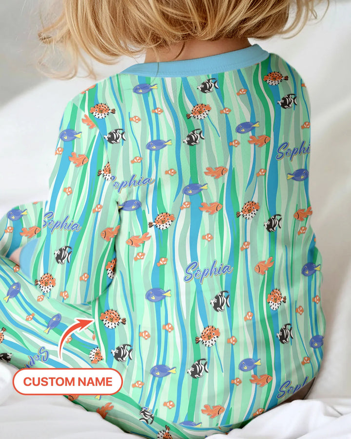 Custom Name Summer Beach Bamboo Two Piece Long Sleeve Pajama Set