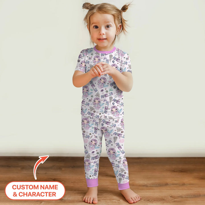 Custom Name Doodle Little Mermaid Bamboo Two Piece Short Sleeve Pajama Set