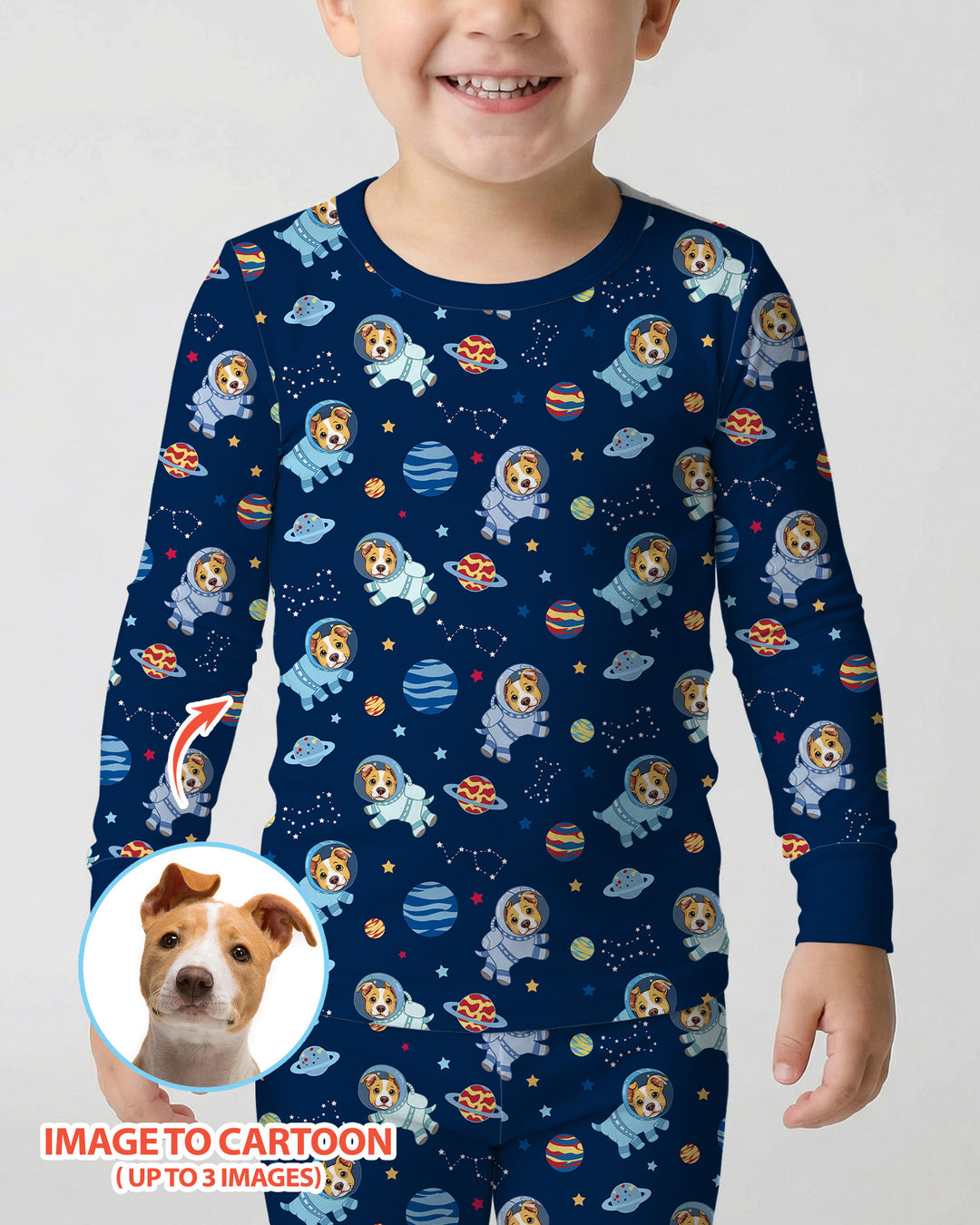 Astronaut Custom Pet Image Family Matching Bamboo Two Piece Long Sleeve Pajama Set